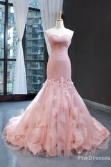 Evening Dress, pink sweetheart tulle prom dress mermaid formal ball gowns gorgeous evening dress with sweep train