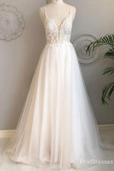 Pretty Dress, white v neck tulle lace long prom dress
