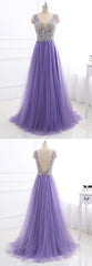 Party Dresses Australia, Purple Tulle V Neck Silver Beaded Long Evening Dress, Purple Halter Prom Dress