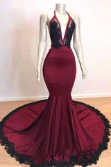 Prom Dresses Sage Green, Burgundy Halter Deep V Neck Mermaid Prom Dress with Lace, Long Evening Gown