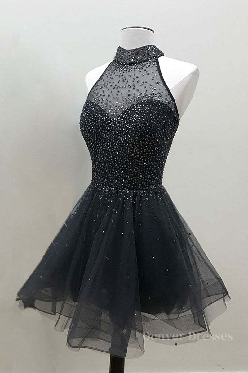 Homecoming Dresses Simples, Glamorous A Line High Neck Beaded Tulle Short Black Prom Dresses, Beaded Black Homecoming Dresses, Black Short Formal Graduation Evening Dresses