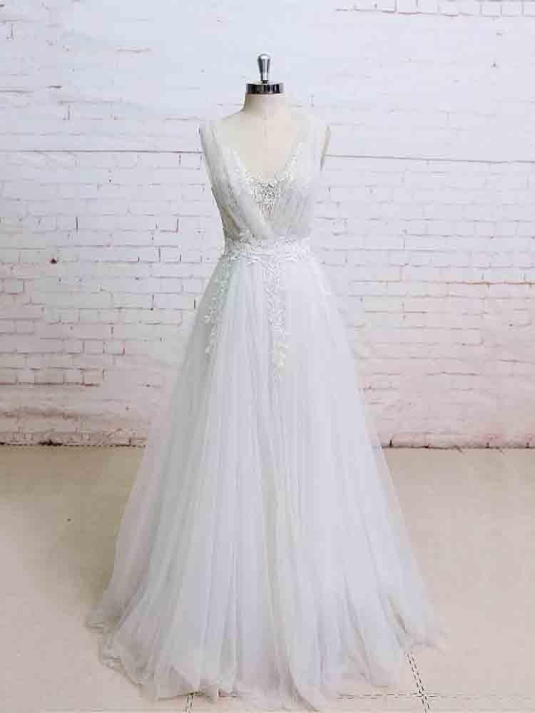 Wedding Dresses Princess, Glamorous Long A-line V-Neck Backless Tulle Wedding Dresses