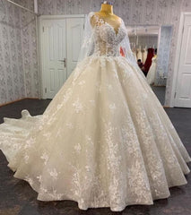 Wedding Dress Outlet, Glamorous Long Sleevess Lace A line Bridal Gown Pirncess Wedding Dress