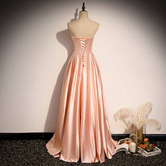 Long Sleeve Prom Dress, Glamorous Strapless Pink Satin Long Party Dress Formal Prom Dresses