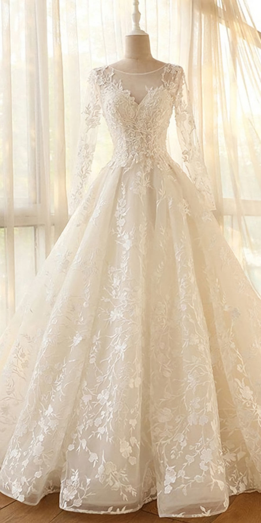 Wedding Dress For Bride And Groom, Glamour Modest Jewel Neck Modest Long Sleeve A Line Wedding Dress