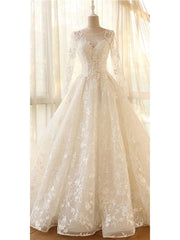 Wedding Dresses For Bride And Groom, Glamour Modest Jewel Neck Modest Long Sleeve A Line Wedding Dress