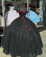 Homecomeing Dresses Bodycon, Glitter Black With Burgundy Butterflies Quinceanera Dress Sweet 16 Dress Ball Gown