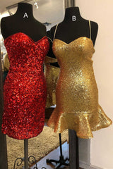 Bridesmaids Dresses Formal, Glitter Gold Sequins Sweetheart Mini Homecoming Dress