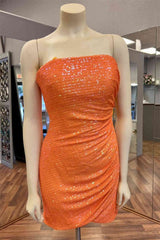 Party Dress Silk, Glitter Orange Strapless Sequined Mini Homecoming Dress