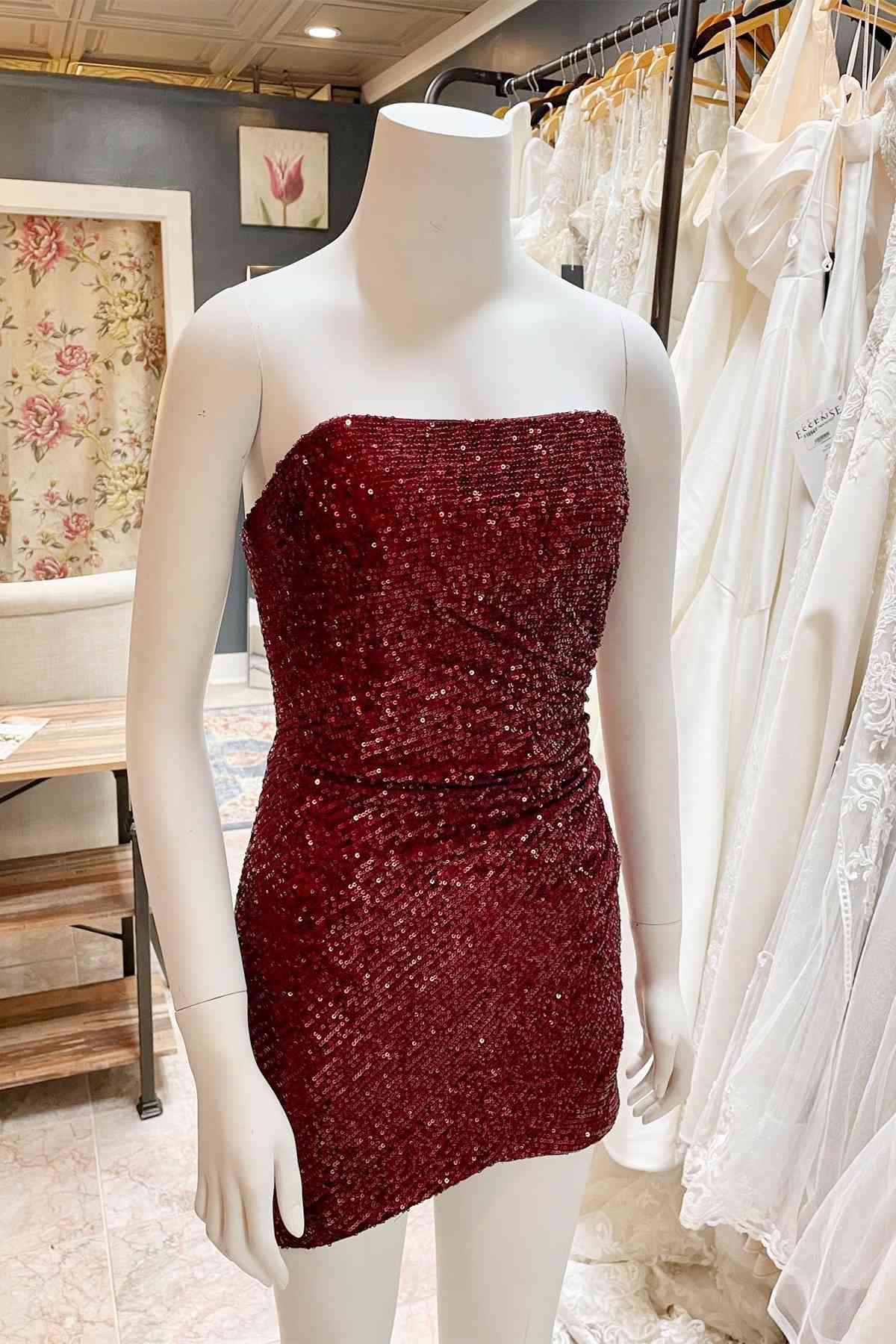 Party Dress Big Size, Glitter Orange Strapless Sequined Mini Homecoming Dress
