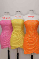 Party Dress Boho, Glitter Orange Strapless Sequined Mini Homecoming Dress