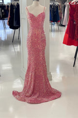 Prom Dress Sleeve, Glitter Pink Sequin Mermaid Long Formal Dress