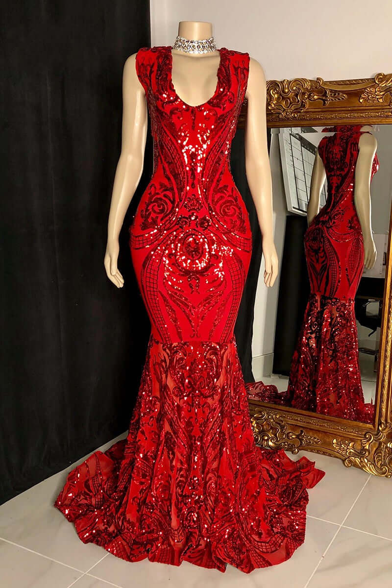 Formal Dresses Outfits, Glittery Long Red Mermaid Sleeveless Prom Dresses Sequin