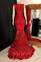 Formal Dress Simple, Glittery Long Red Mermaid Sleeveless Prom Dresses Sequin