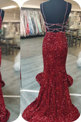 Formal Dress Gown, Glittery Mermaid Red Sequin V-Neck Lace-Up Back Prom Dress Gala Gown
