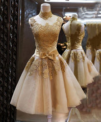 Bridesmaid Dresses Sales, Gold Lace High Neck Short Prom Dress, Homecoming Dress