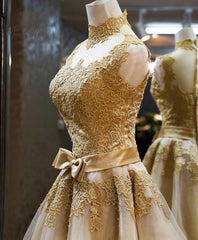 Bridesmaid Dresses Sale, Gold Lace High Neck Short Prom Dress, Homecoming Dress