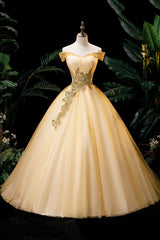 Short Wedding Dress, Gold Floor Length Tulle Beading Formal Dress, Lovely Off the Shoulder Evening Party Dress