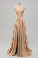 Party Dress Classy Elegant, Gold Long Bridesmaid Dress with Slit