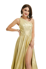 Bridesmaid Dressed Blush, Gold Satin One Shoulder With Split Prom Dresses