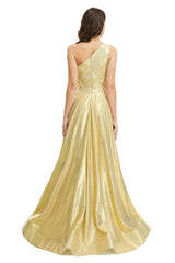 Bridesmaids Dresses Blush, Gold Satin One Shoulder With Split Prom Dresses