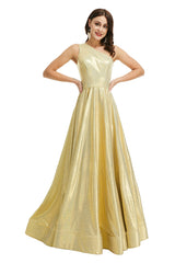 Bridesmaid Dress Blushes, Gold Satin One Shoulder With Split Prom Dresses