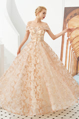 Party Dress Fancy, Gold Sequin Off the Shoulder A-line Floor Length Lace Prom Dresses