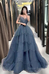 Gorgeous Blue Sparkly Tulle Beaded Prom Dress, Tiered Formal Gown With Rhinestone