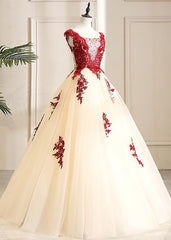 Elegant Dress, Gorgeous Champagne Tulle Long Sweet 16 Dress with Red Lace, Formal Gown