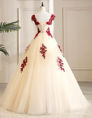 Dress Outfit, Gorgeous Champagne Tulle Long Sweet 16 Dress with Red Lace, Formal Gown