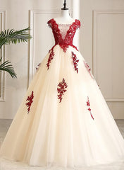 Hoco Dress, Gorgeous Champagne Tulle Long Sweet 16 Dress with Red Lace, Formal Gown