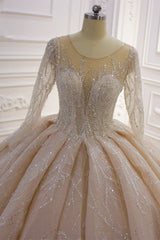 Wedding Dress Under 103, Gorgeous Long Ball Gown Bateau Crystal Wedding Dress with Sleeves