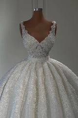 Wedding Dresses Lace Sleeves, Gorgeous Long Ball Gown Sweetheart Sleeveless Lace Wedding Dress with Ruffles