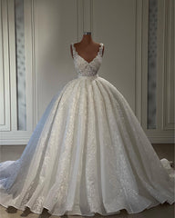 Weddings Dresses Lace Sleeves, Gorgeous Long Ball Gown Sweetheart Sleeveless Lace Wedding Dress with Ruffles