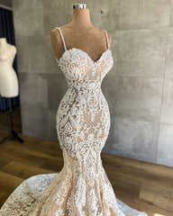 Wedding Dress Vintage, Gorgeous Long Mermaid Sweetheart Spaghetti-straps Lace Wedding Dresses