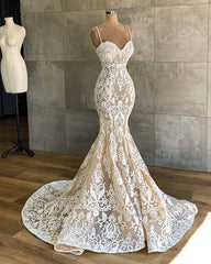 Wedding Dress Outfit, Gorgeous Long Mermaid Sweetheart Spaghetti-straps Lace Wedding Dresses