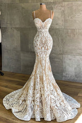 Wedding Dress Designers, Gorgeous Long Mermaid Sweetheart Spaghetti-straps Lace Wedding Dresses
