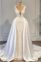Wedsing Dress Princess, Gorgeous Long Mermaid V-neck Lace Wedding Dresses with Satin Detachable Train