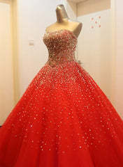 Bridesmaid Dress Style Long, Gorgeous Red Long Tulle Gown, Sparkle Handmade Formal Dresses