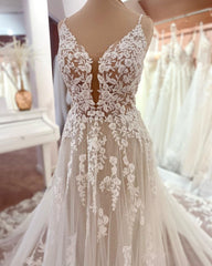 Wedding Dresses Sleeved, Gorgeous Spaghetti-Straps Lace Wedding Dress Tulle Sleeveless Bridal Gowns