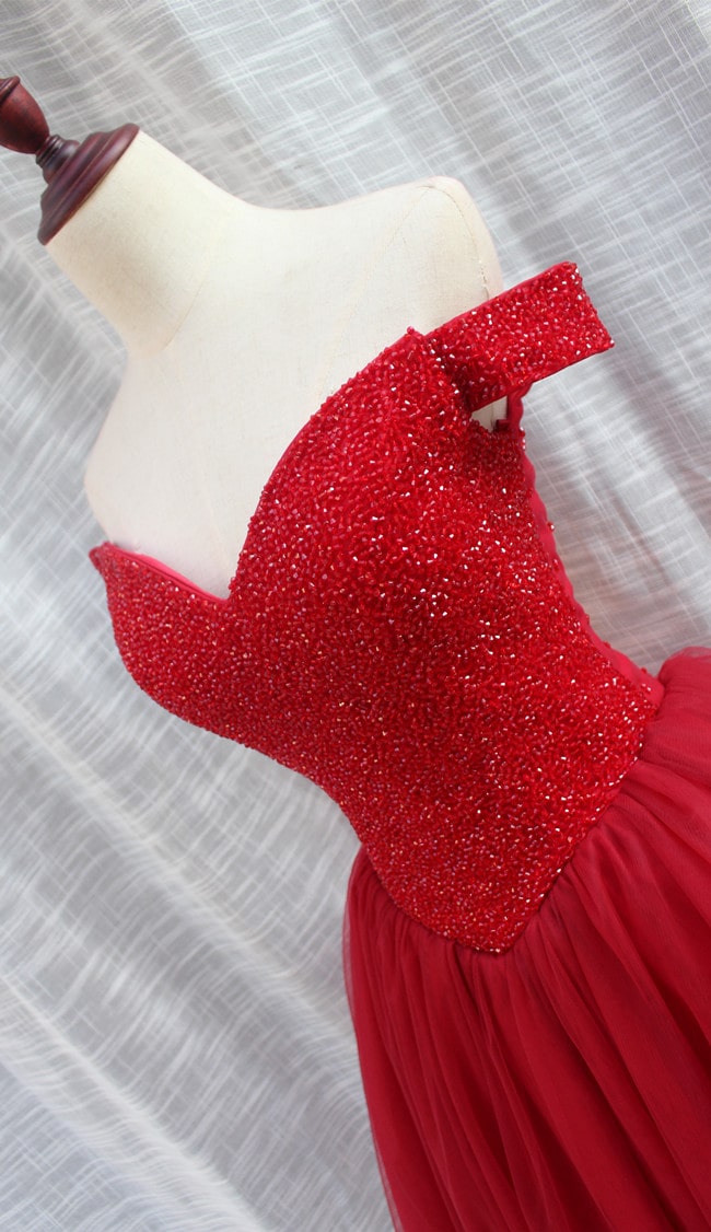 Bridesmaid Dresses Gold, Gorgeous Sparkle Beaded Off Shoulder Red Formal Dress, Red Homecoming Dresses