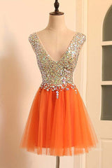Prom Dress Styling Hair, Gorgeous V Neck Open Back Orange Short Prom Homecoming Dresses, Short Orange Formal Evening Dresses