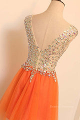 Prom Dresses Emerald Green, Gorgeous V Neck Open Back Orange Short Prom Homecoming Dresses, Short Orange Formal Evening Dresses