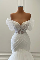 Wedding Dress For Beach Wedding, Gorgeous White Long Mermaid Off the Shoulder Tulle Wedding Dress