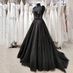 Dress Outfit, Gothic Tulle Black Party Dress,Prom Evening Dresses,Glitter A-Line Party Dress,Maxi Corset Dress