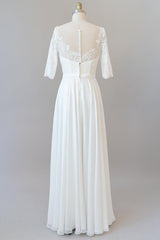 Weddings Dresses Bridesmaid, Graceful Long A-line Lace Chiffon Wedding Dress with Sleeves