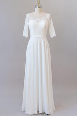Wedding Dress Bridesmaids, Graceful Long A-line Lace Chiffon Wedding Dress with Sleeves
