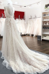Wedding Dress Elegant Classy, Graceful Long A-line Tulle V-neck Lace Backless Wedding Dresses