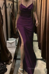 Grape Long Prom Dresses with High Slit, Mermaid Evening Party Dress