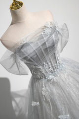 Beach Wedding, Gray A-Line Off the Shoulder Tulle Prom Dress, Lovely Corset Floor Length Party Dress